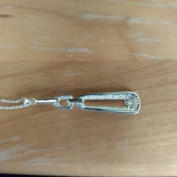 Silver Tone Necklace with Black Rhinestone Oblong Rectangular Pendant Modern - Picture 4 of 6